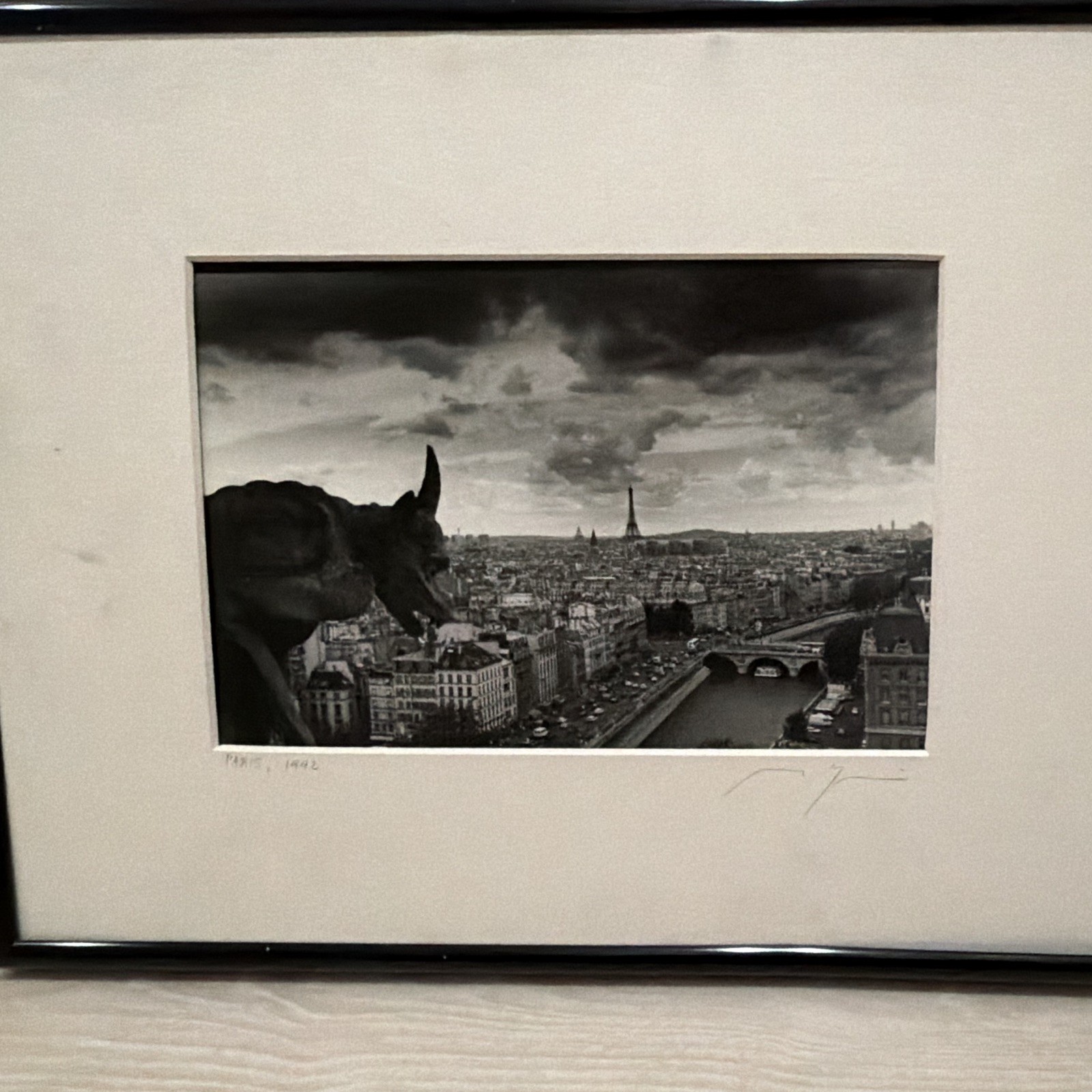 Signed Matted & Framed Black & White Paris Cityscape Eiffel Tower River Dog