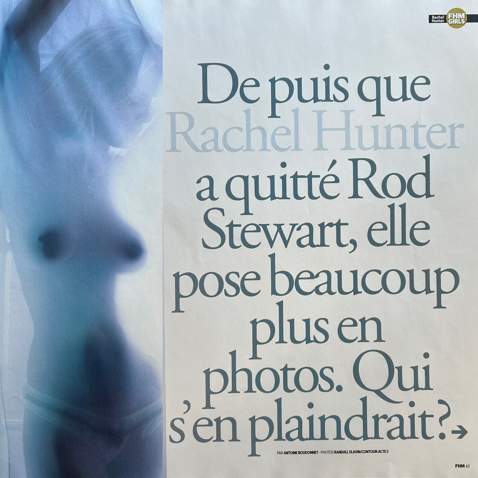 2007 Rachel Hunter 6-Pg 2s Pictorial/Article Orig French Nude 22x30cm Ea. FHM 92
