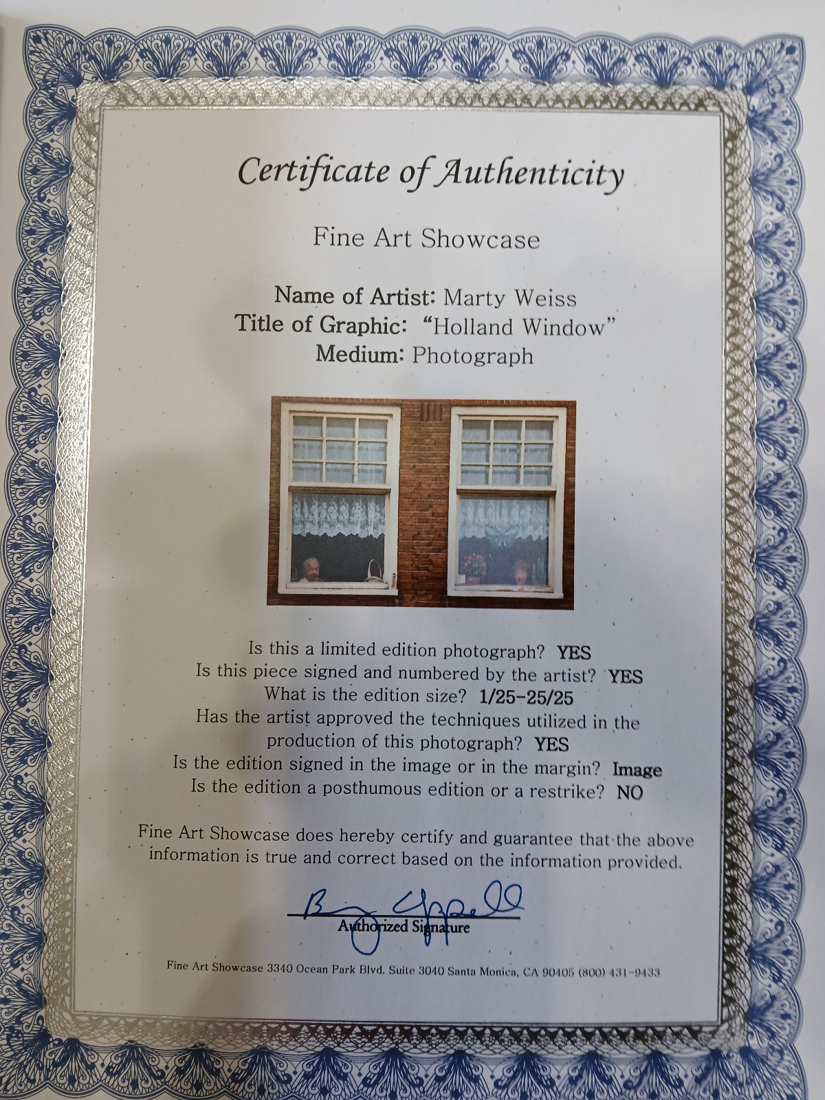 Marty Weiss Photograph. “Holland Window” 19″ x 13″ W/COA