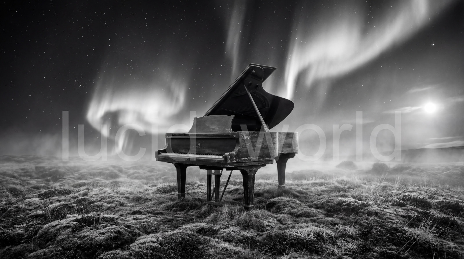Grand Piano Aurora Digital Download Black & White Art Mystic Night Landscape PNG