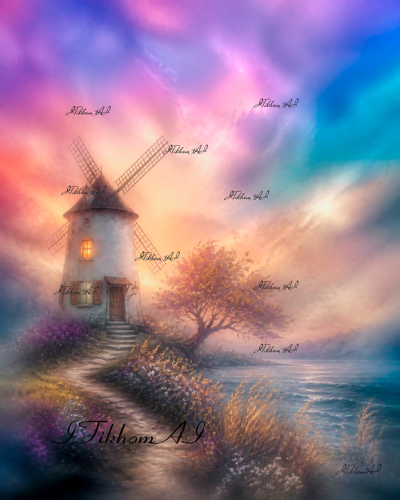 Digital Art Image landscape Nature WindMill Trees Clouds River Wallpaper Desktop