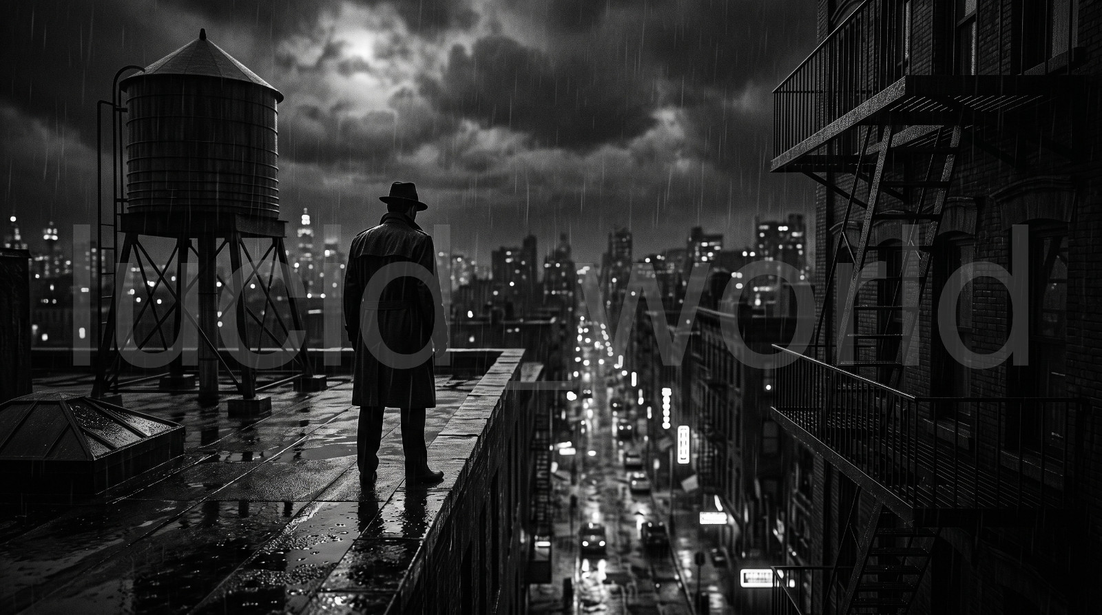 Film Noir Detective City Rooftop Rain Digital Download City Skyline Wall Art PNG