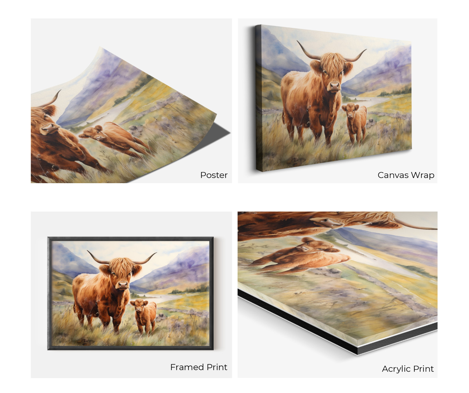 Highland Cow Wall Art, Scottish Highland Cow Calf Print, Rustic Farmhouse Canvas