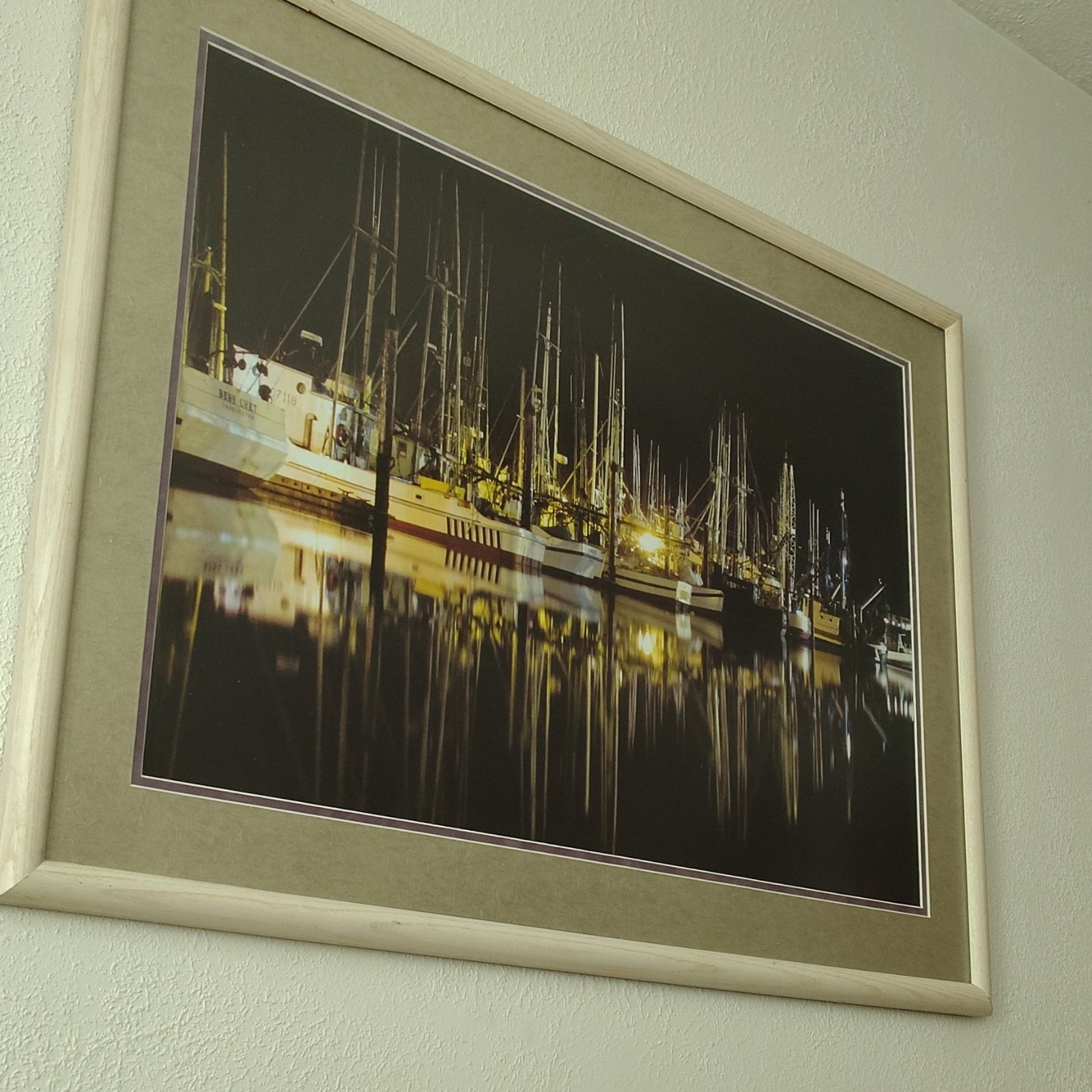 Matted & Framed Color Landscape Photograph – Nautical Harbor Marina Boats Night