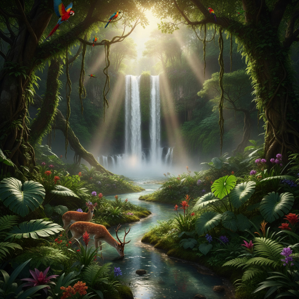 🌿 Green Jungle Waterfall Wall Art – Digital Download | Nature Landscape Canvas