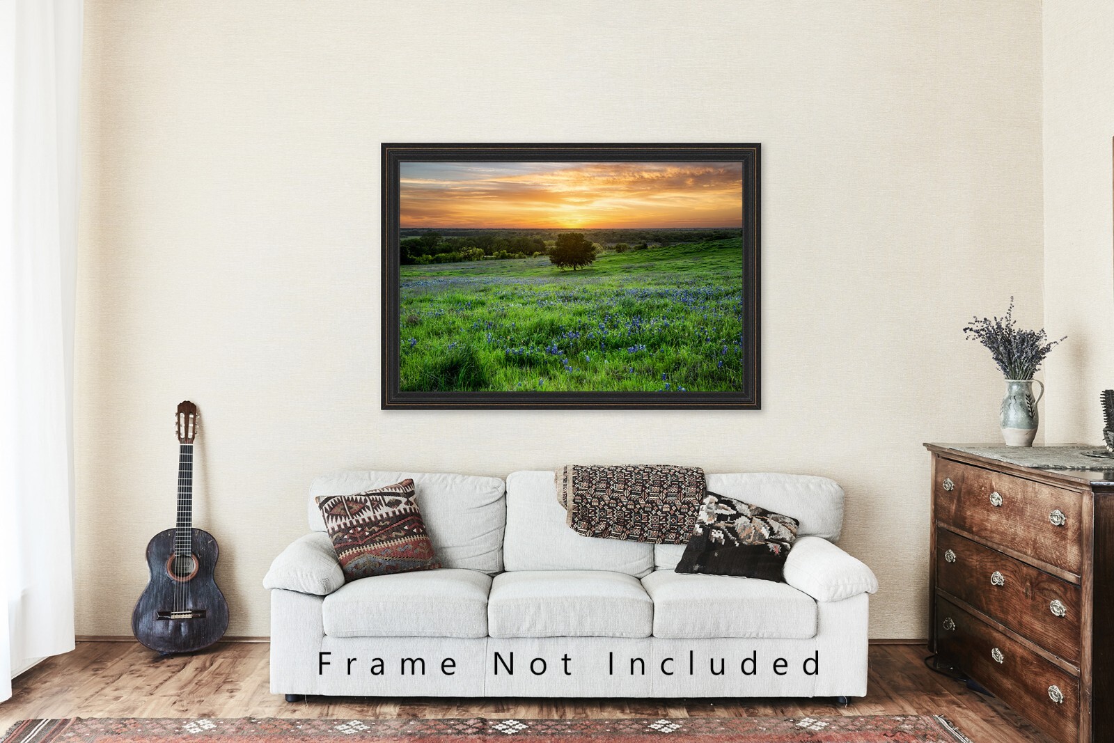 Landscape Photography Print – Picture of Tree and Bluebonnets at Sunset in Texas