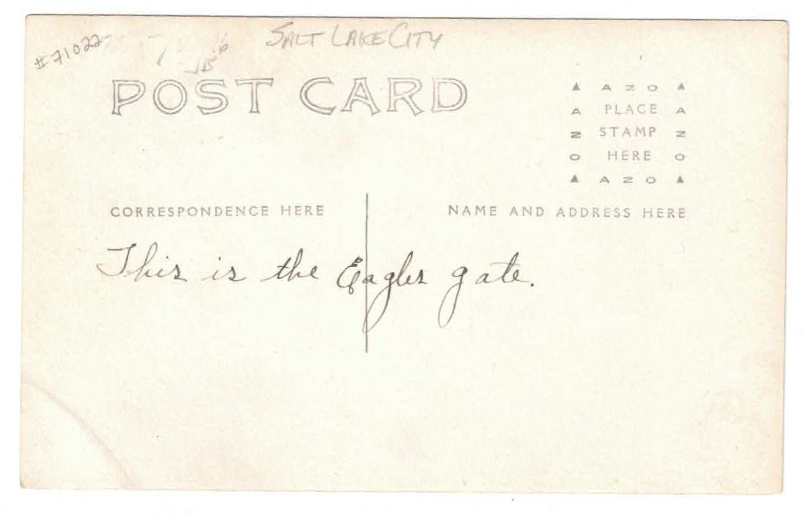 RPPC, C L Douglas / Eagle Gate Monument Salt Lake City