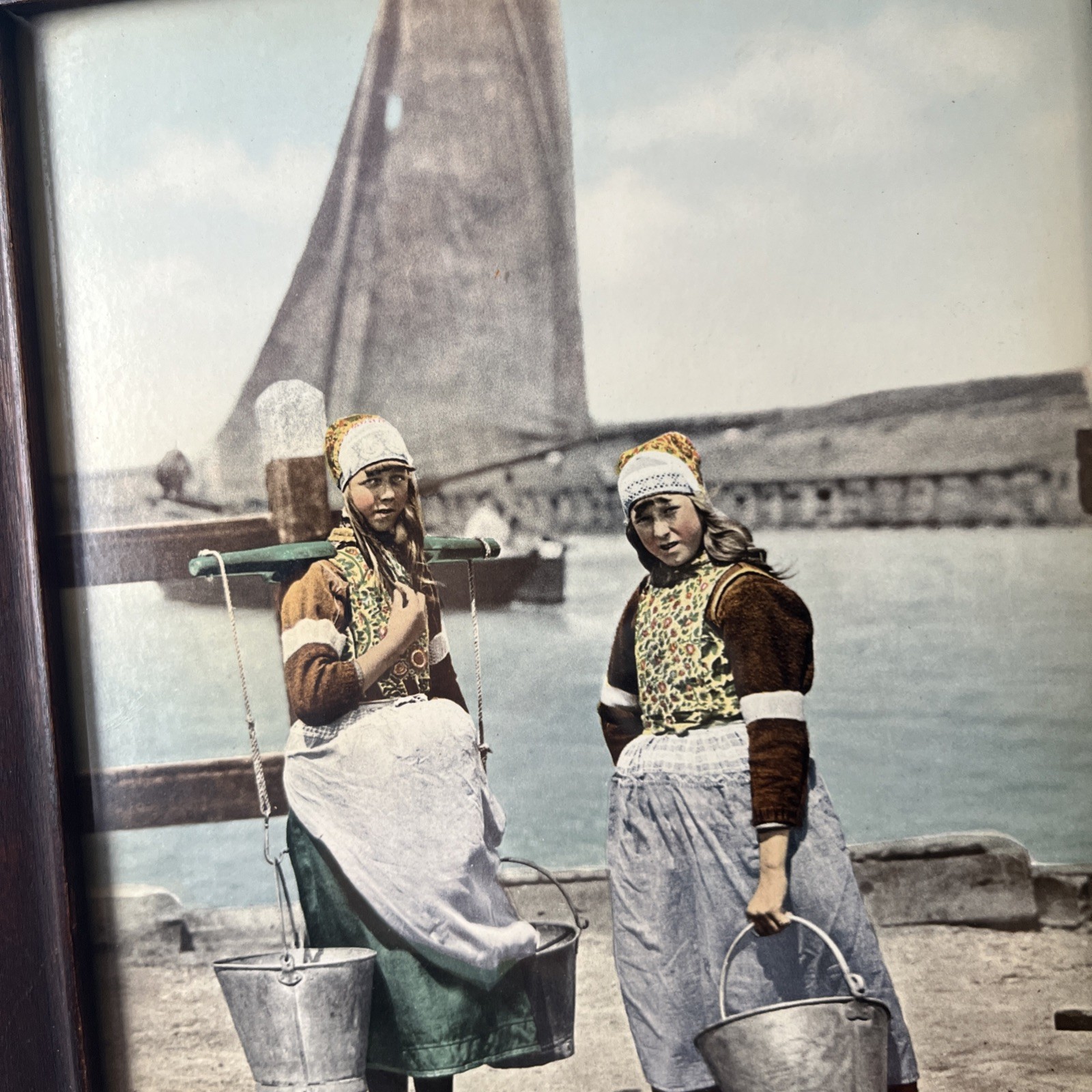 Antique Photochrom Girls Of Marken Island Holland Netherlands Heavy Wood Frame