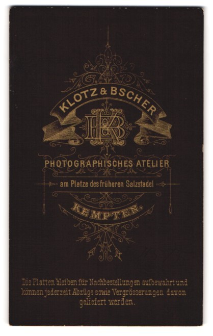 Photography Klotz & Bscher, Kempten, monogram by photographer CDV / cabinet photo