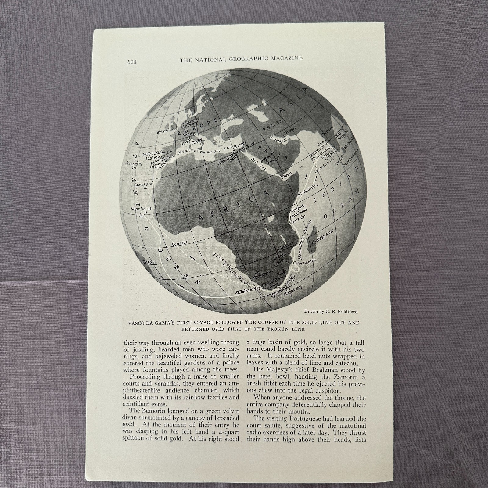 1927 Vasco da Gama Voyage Map Africa India National Geographic Antique Print