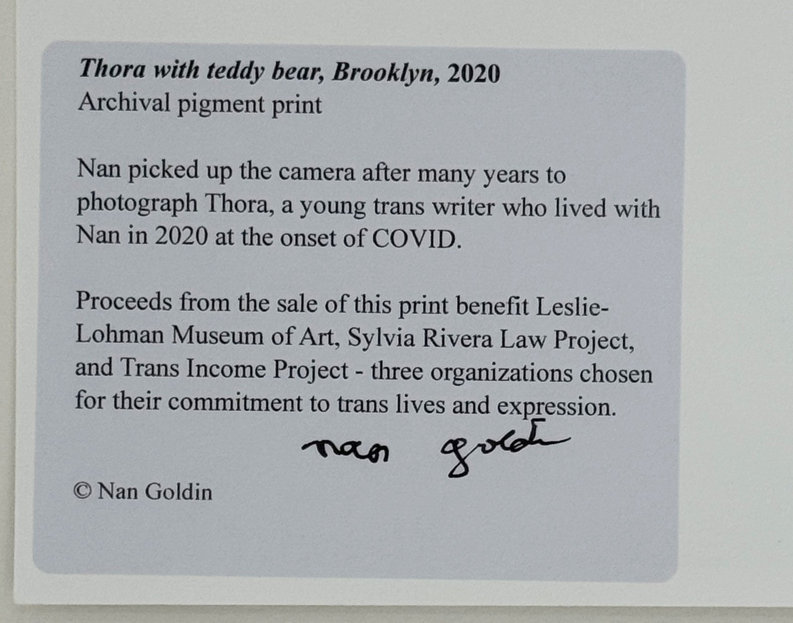 Nan Goldin, Torah with teddy bear, pigment print, 2025, autographed
