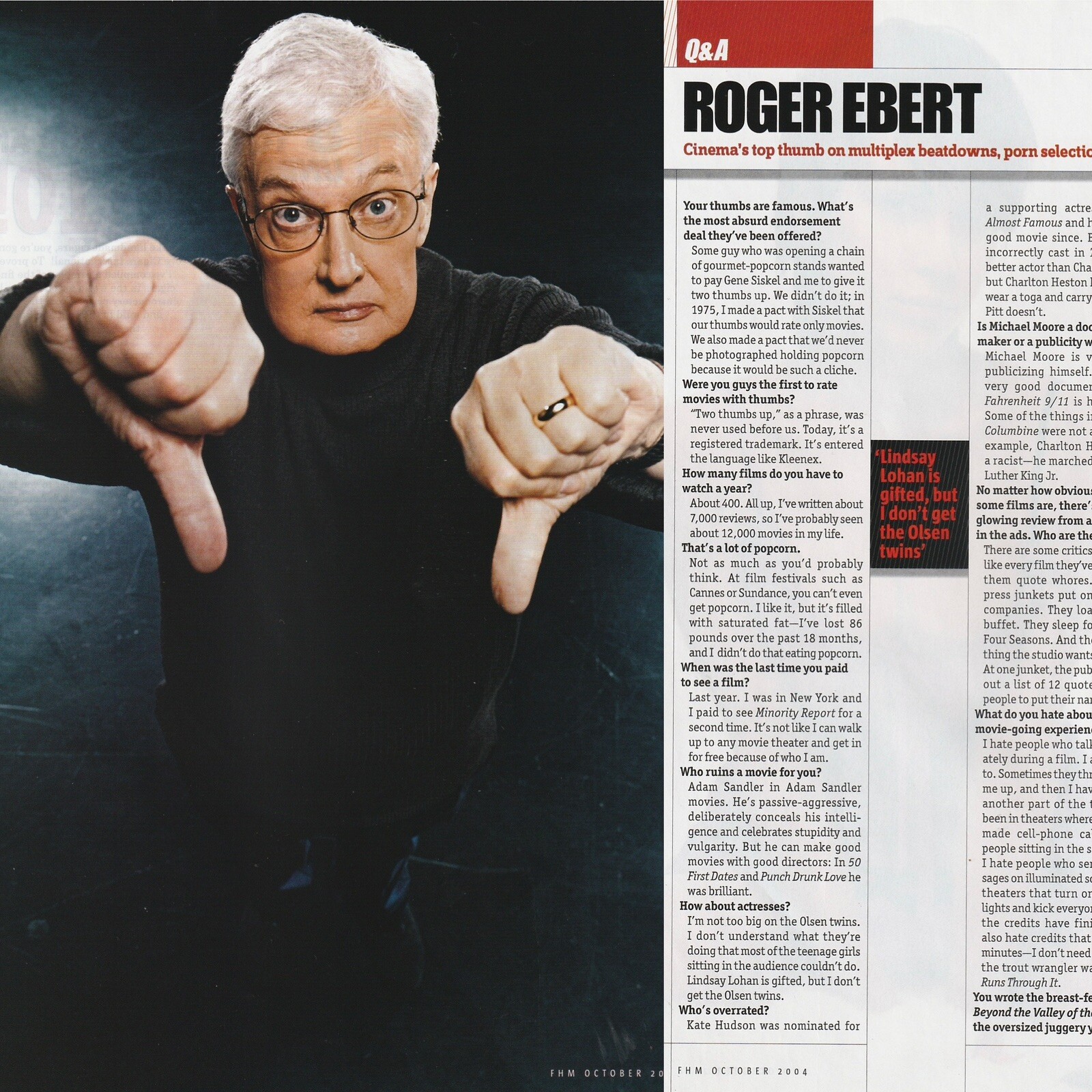 Vintage 2004 Roger Ebert 2-Page Original Pictorial/Interview 21x27cm FHM 10