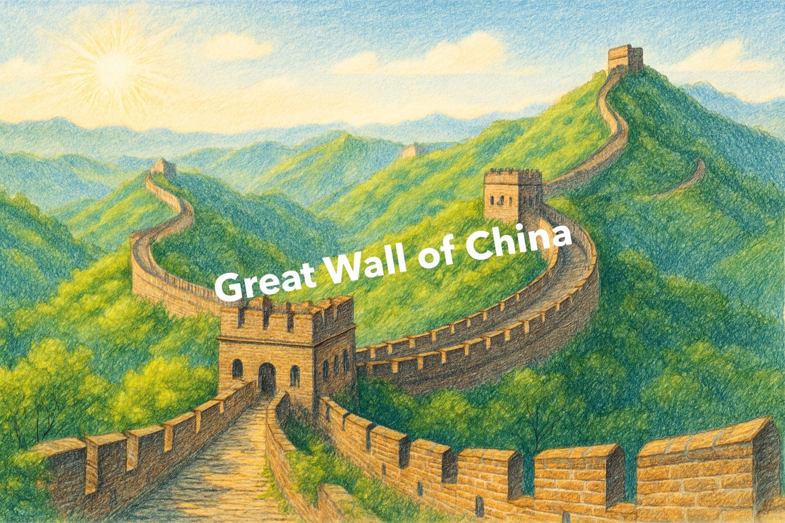 Great Wall of China Landscape Coloured Pencil Art (AI GENERATED IMAGE)