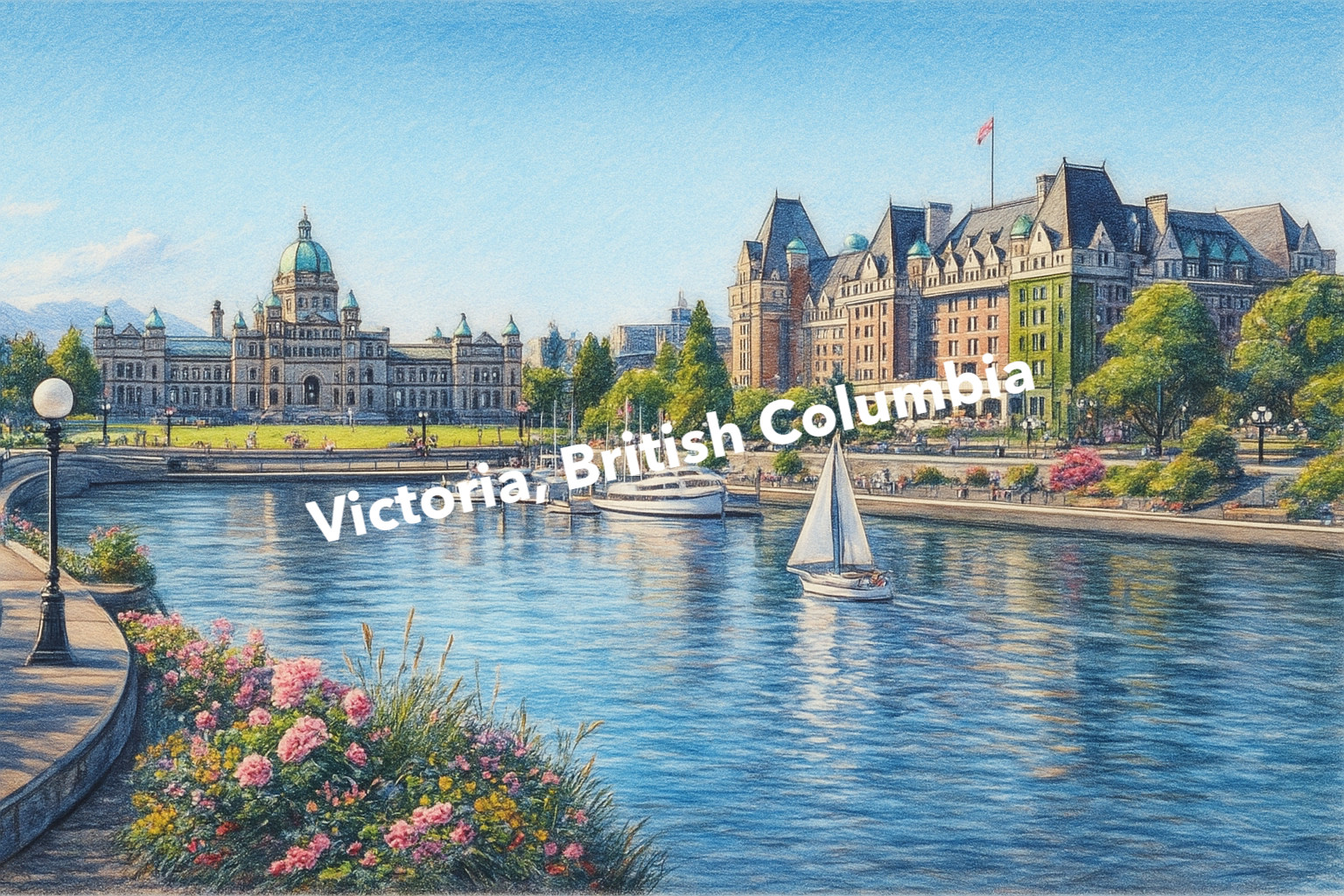 Victoria, British Columbia Coloured Pencil Art (AI GENERATED IMAGE)