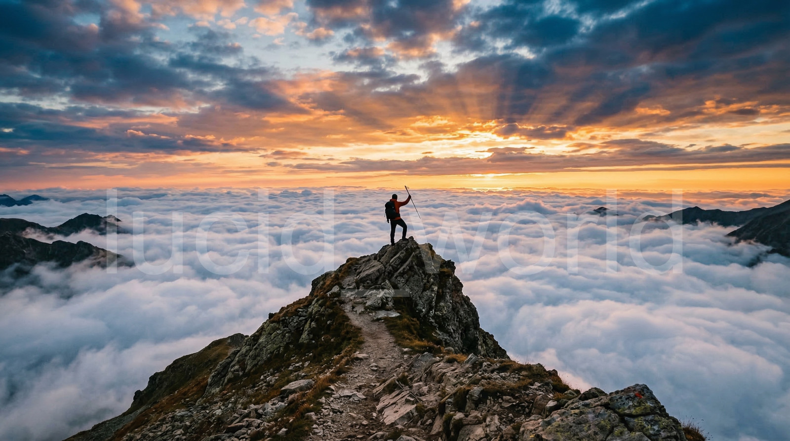 Mountain Sunrise Hiker Digital Print Above Clouds Landscape Photography Wall Art