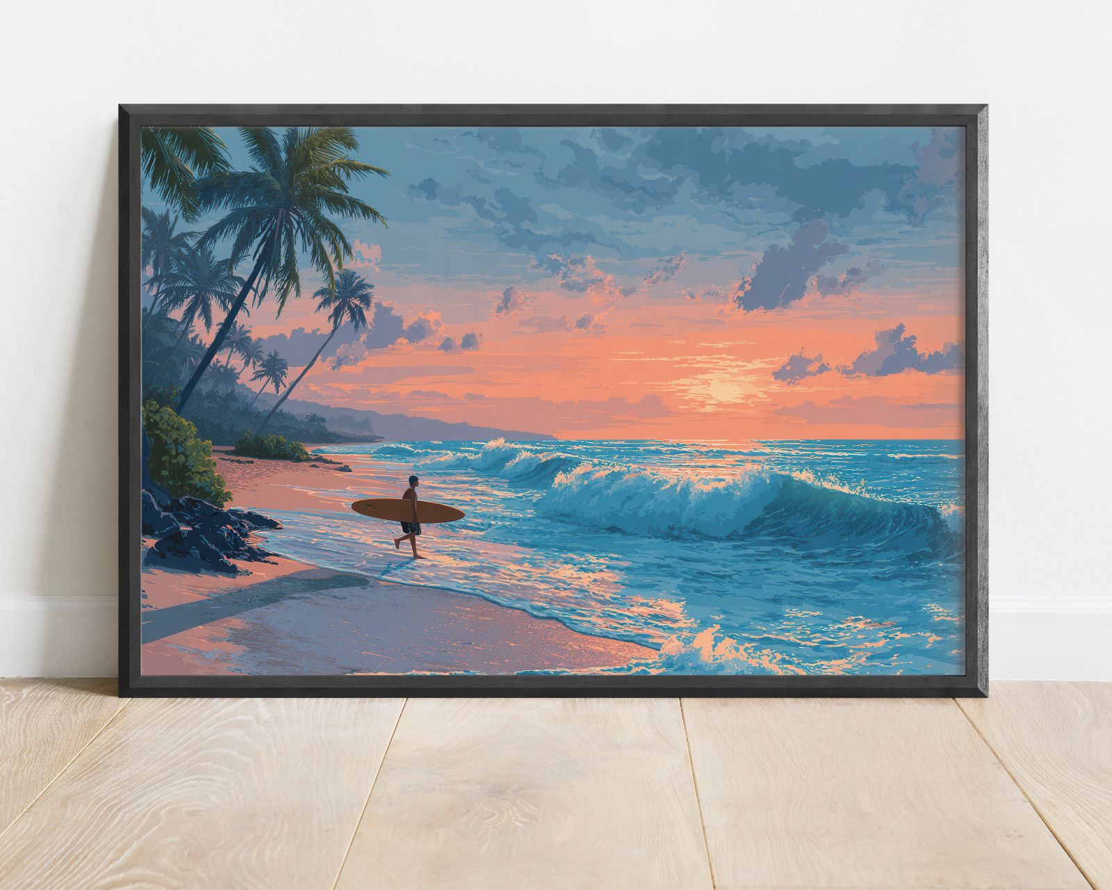 Tropical Surfer Beach Sunset Painting, Ocean Waves Canvas Print Coastal Seascape