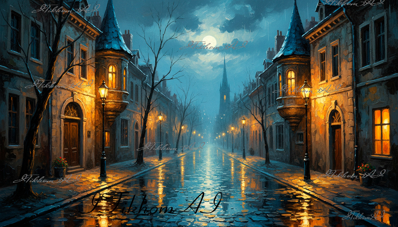 Digital Art Image Cityscape Night Houses Trees Moon Clouds Wallpaper Desktop
