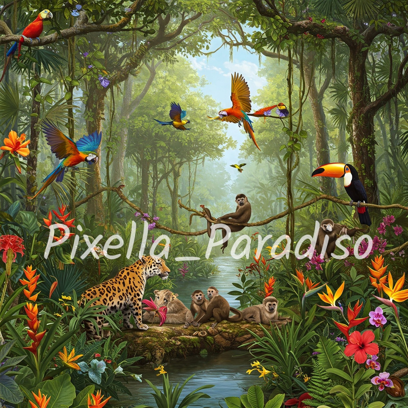 Vibrant Jungle Dream – Digital Art (2 Sizes: 2048×2048 & 64000×64000)
