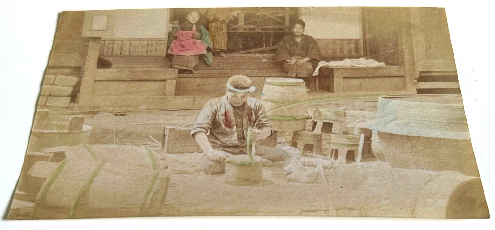 Antique Japanese Hand Colored Album Photo 3x Daily Life Scenes Meiji Era c1880