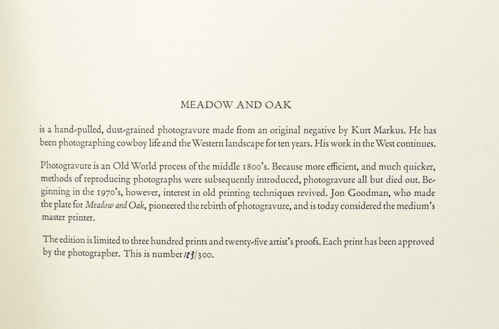 KURT MARKUS Meadow And Oak 1987 Photogravure Signed ltd 1/300