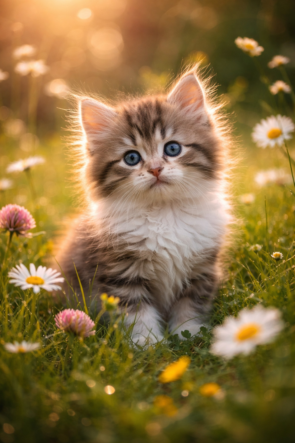Fluffy kitten in a sunlit meadow Photo Digital Product Wallpaper Image Picture
