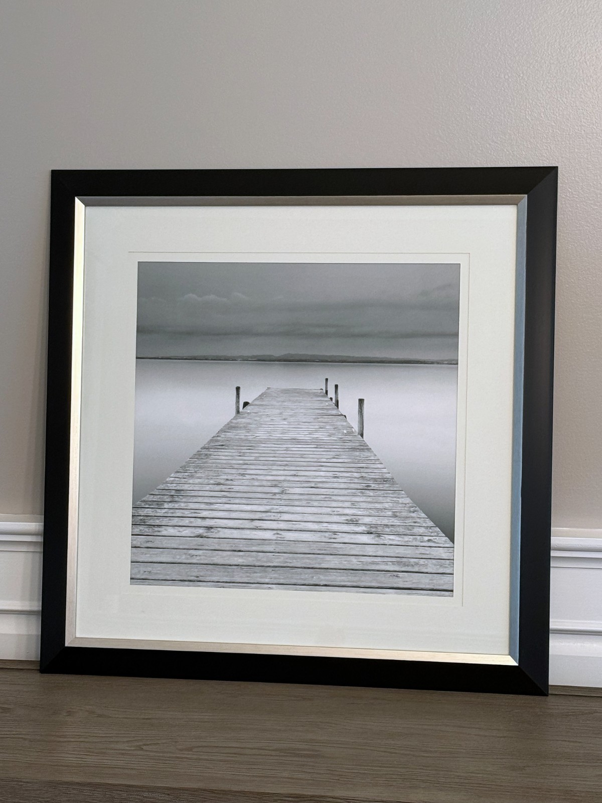 Wall Art, Framed Matted Black and White Photo, Dock On The Water – 27.5″x27.5″