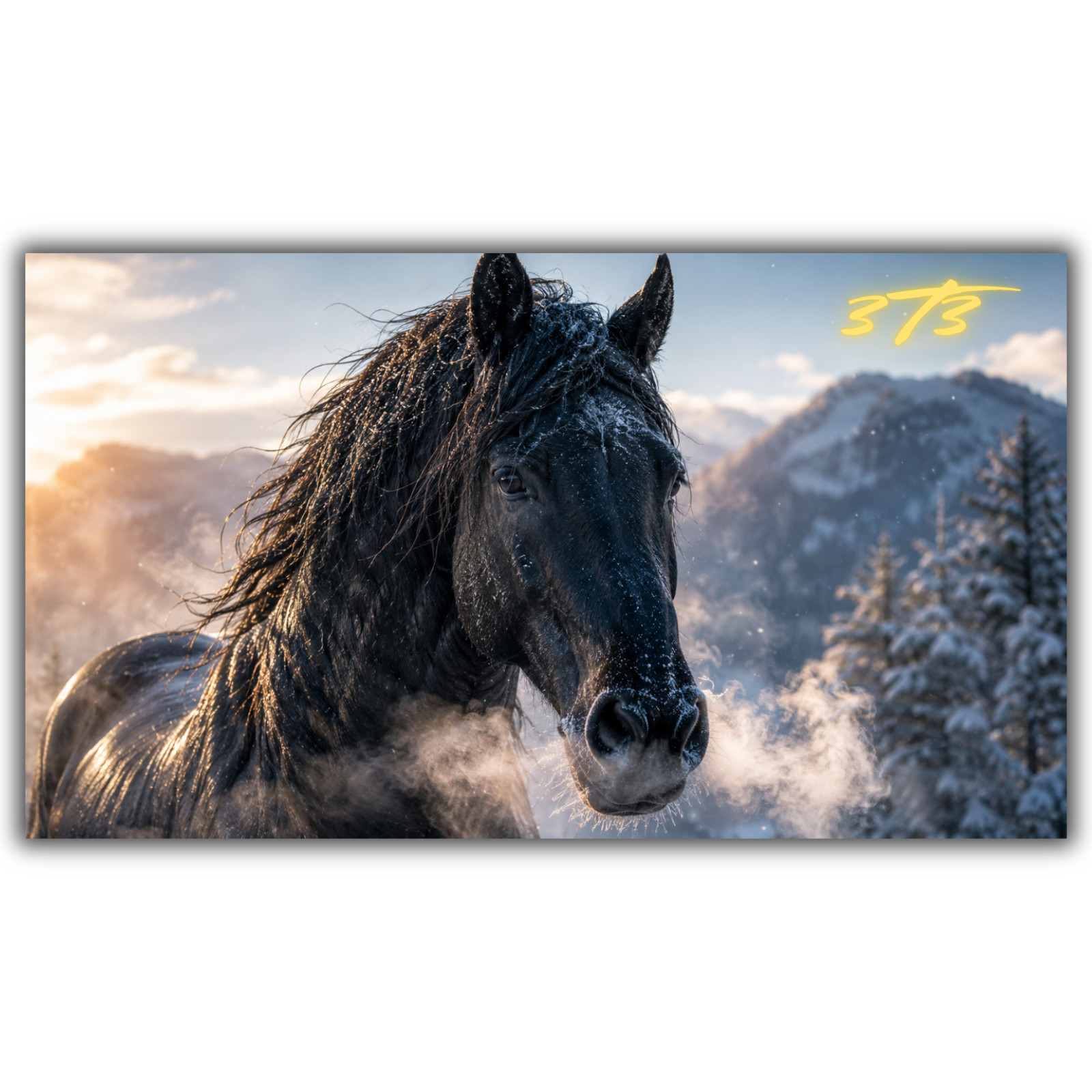 Majestic Black Stallion Winter Mist Digital Desktop Wallpaper AI Art Photo Image