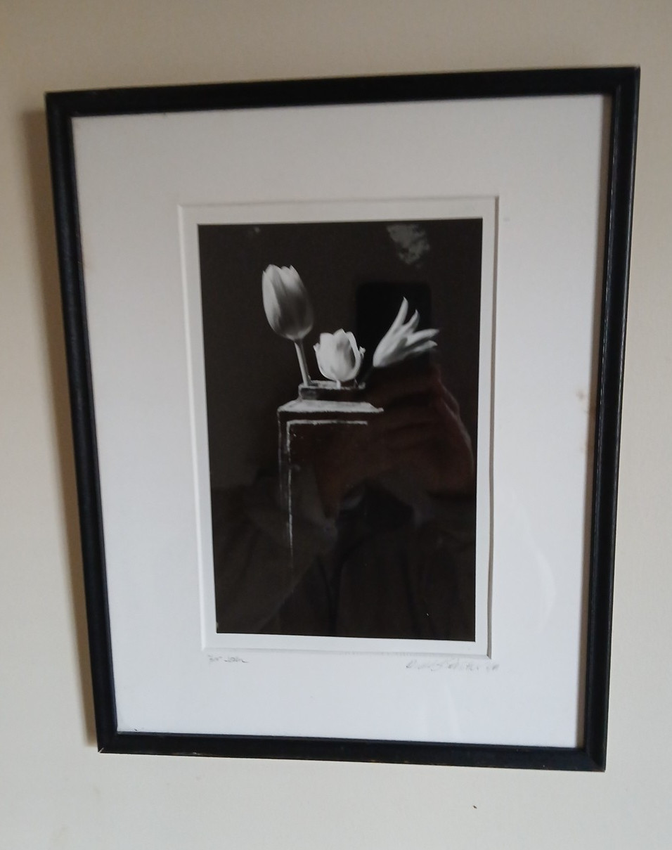 Framed Signed Dated PHOTOGRAPH Black & White Flowers/Vase 1989-14.75″H X 12″L