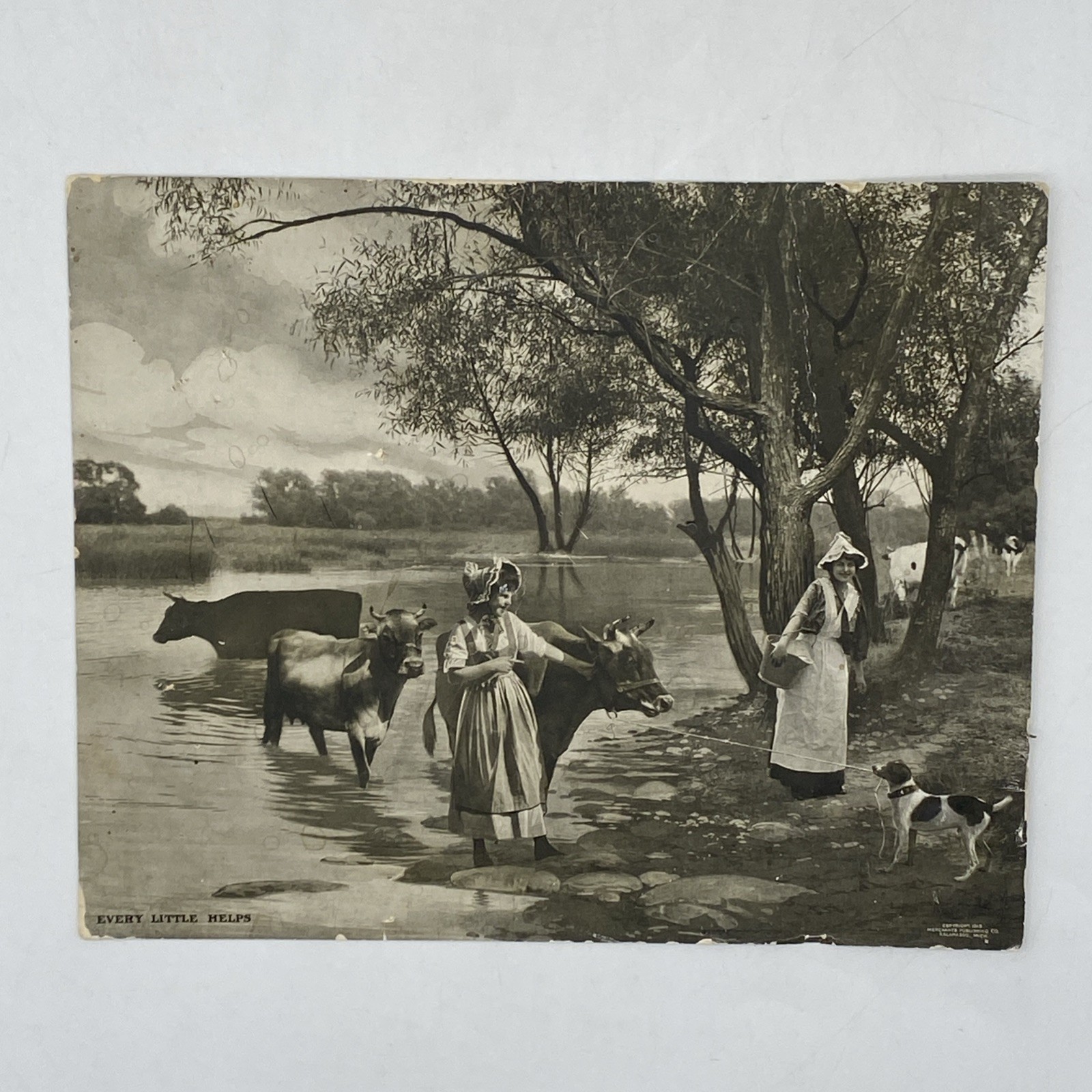 Merchants Publishing Kalamazoo Every Little Helps 1915 Antique Woman Cow Dog