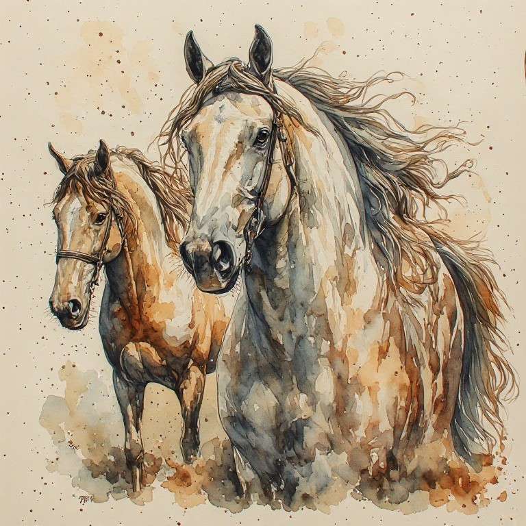 2 Beautiful Horses Running (Watercolor) Digital Image Picture Artwork