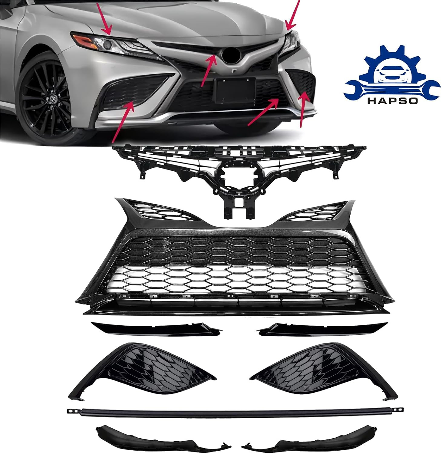 Front Grille Black Trim Fog Light Bezel Set 9Pcs Fit for 2021 2022 2023 Toyota C