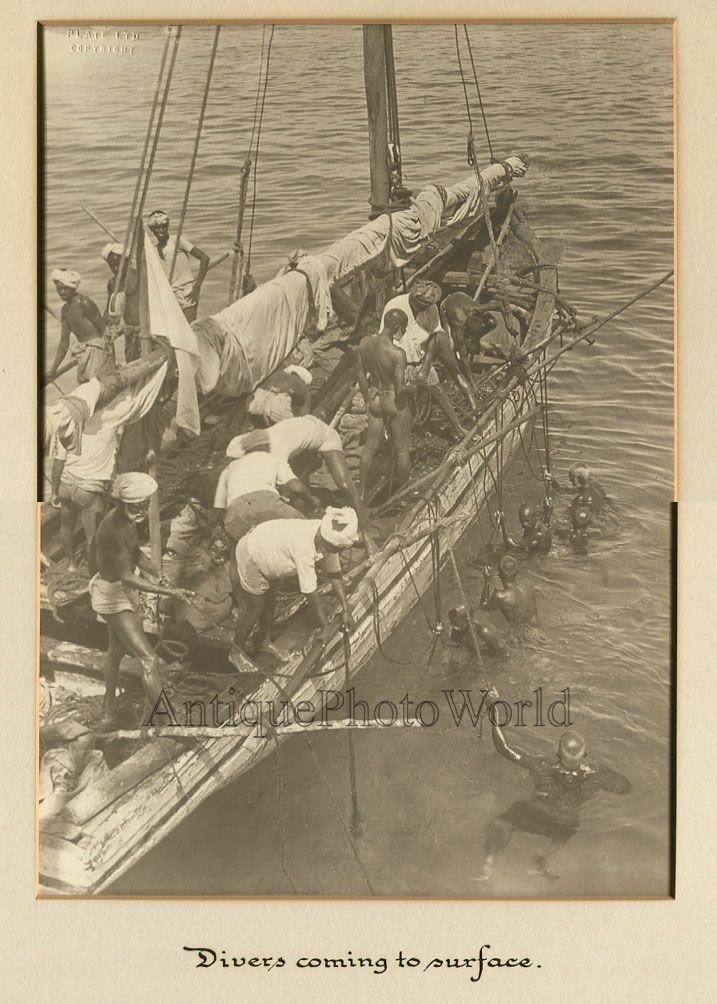 Ceylon Sri Lanka men divers by boat antique ethnic art photo by Plate Ltd