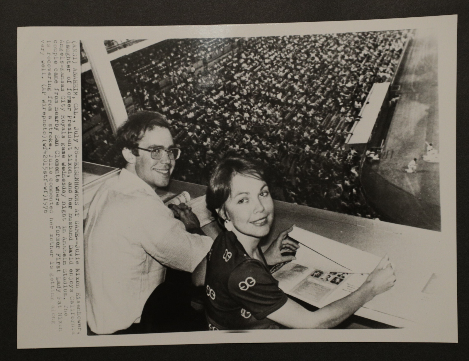 Julie Nixon Eisenhower at Angels Royals Baseball game Photograph 7×9, b/w 1976