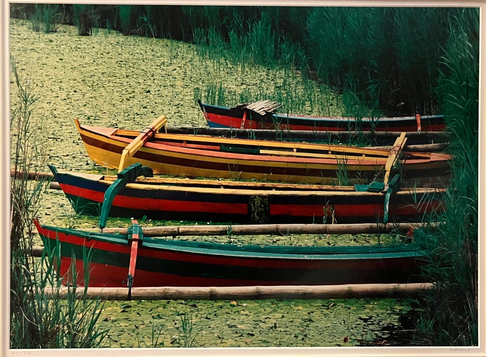 Original Signed Photograph Boats in Bali with Lily Pads by Robert Barab
