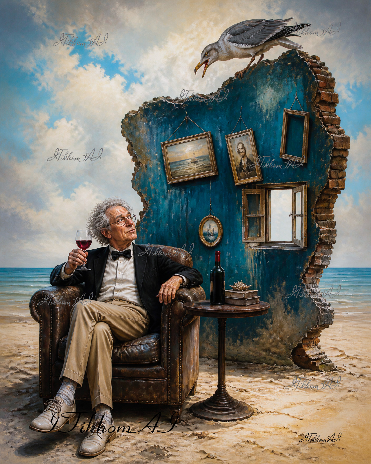 Digital Art Painting Man Seashore Bird Wine Sea WallSurrealism Wallpaper Desktop