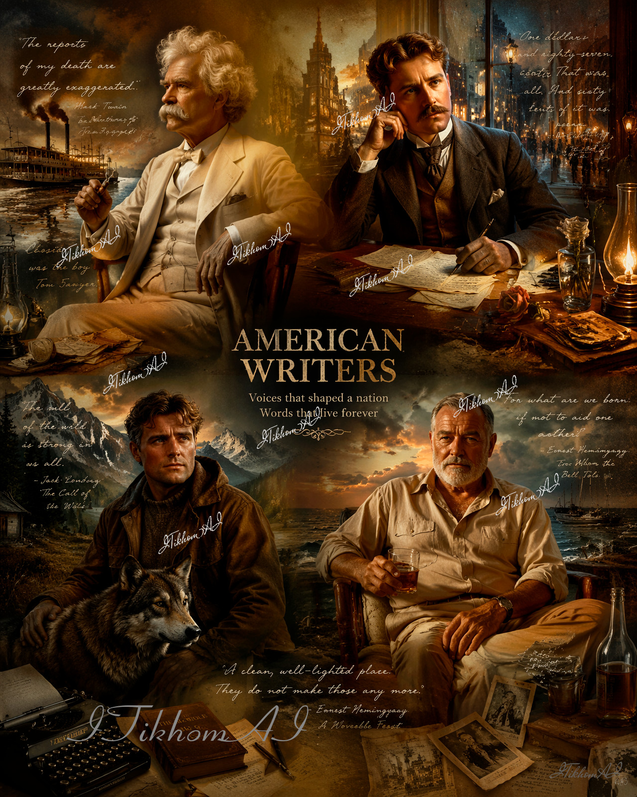 Digital Art Poster American Writers Collage Portraits People Wallpaper Desktop