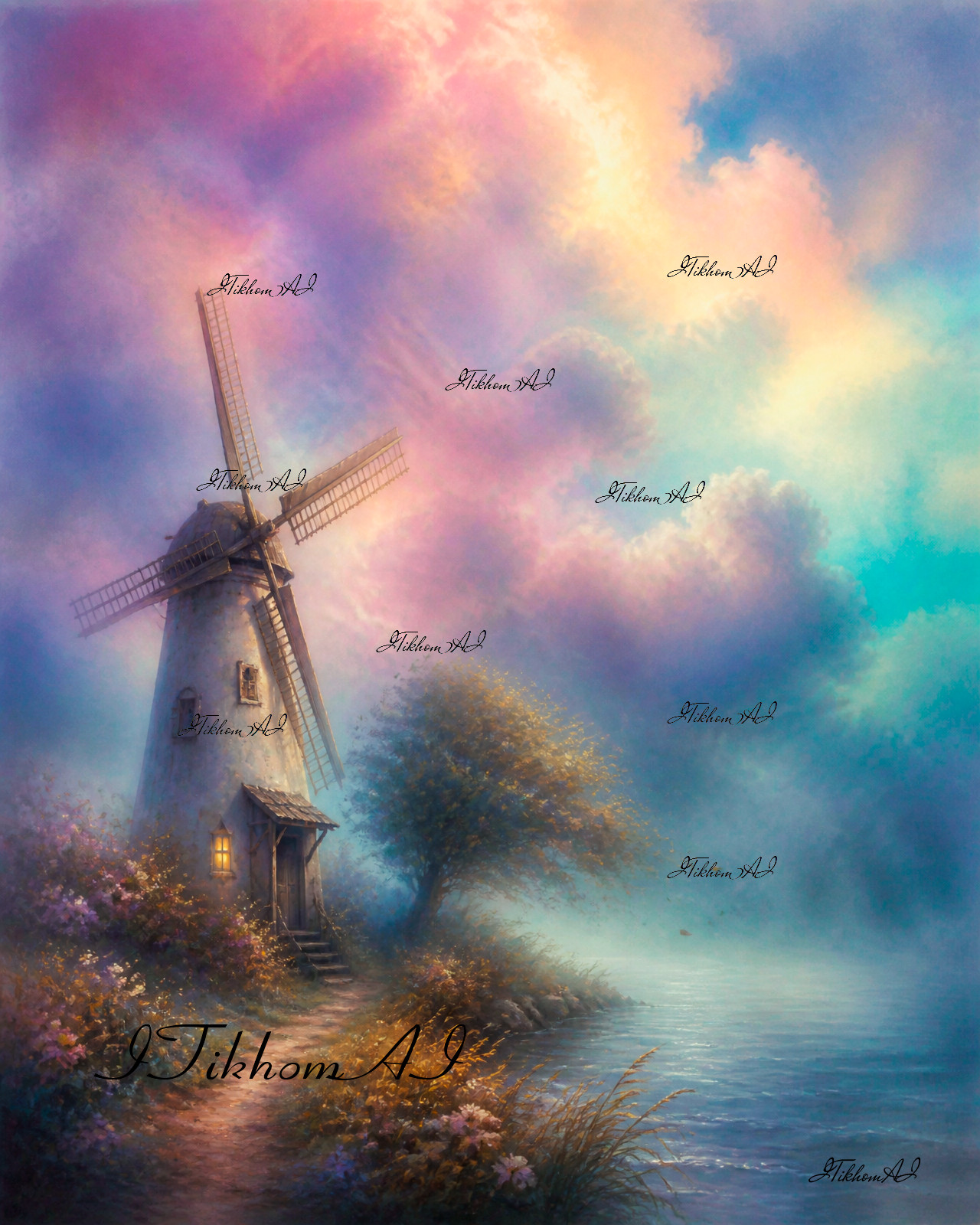 Digital Art Landscape Flowers Windmill Tree River Clouds Background Wallpaper