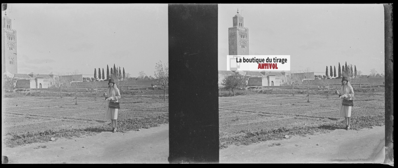 Koutoubia Marrakech Morocco, Plate Glass Stereo, Negative Black & White