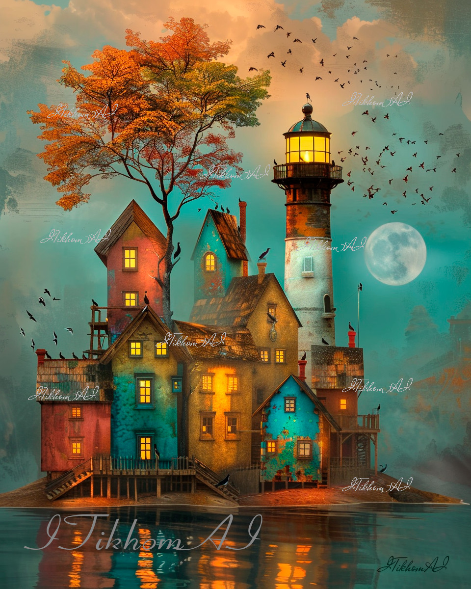 Digital Art Illustration Houses Tree Sea Moon Lighthouse Background Wallpaper