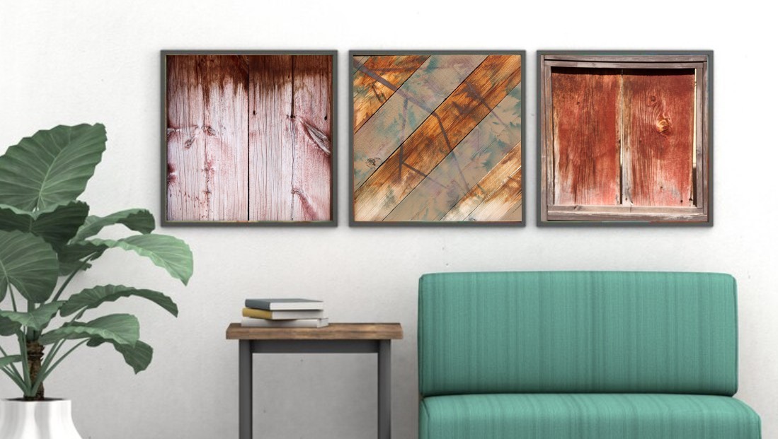 Set of THREE – Abstract Tin Metal Rusted Reclaimed Wood, Fine Art Photography