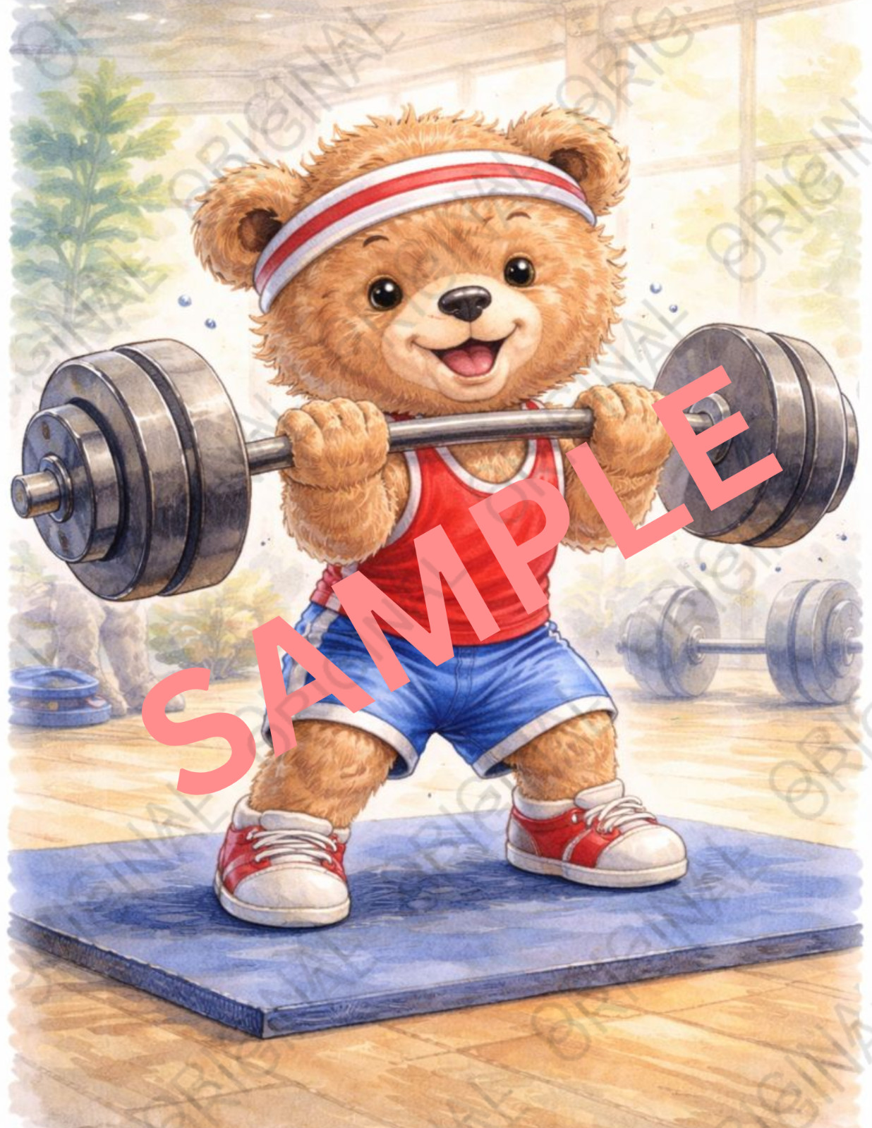 Digital Watercolor Photo of Bear Lifting Weights