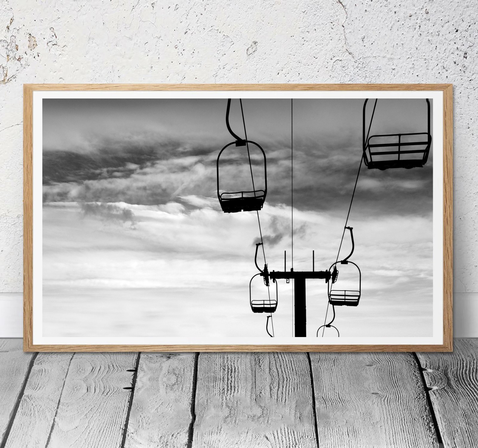 Silhouette Ski Lift Skiing Snowboard Black & White Photography Art Print