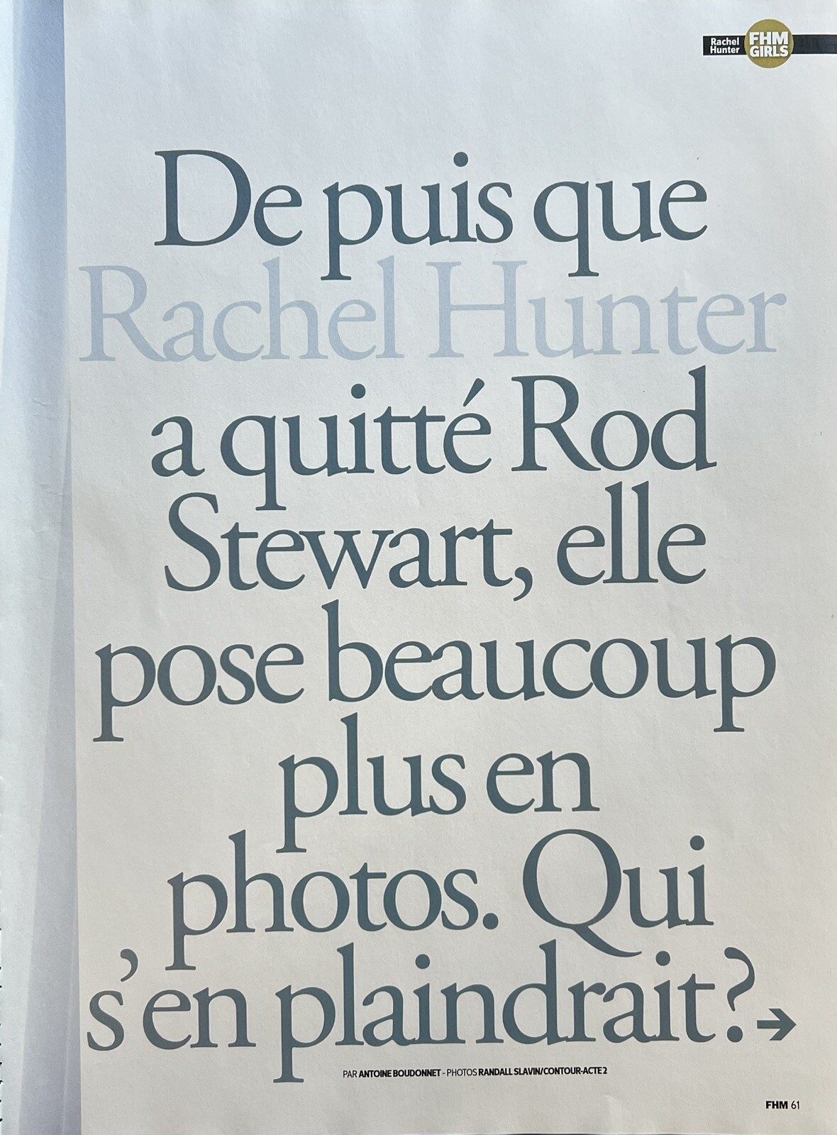 2007 Rachel Hunter 6-Pg 2s Pictorial/Article Orig French Nude 22x30cm Ea. FHM 92