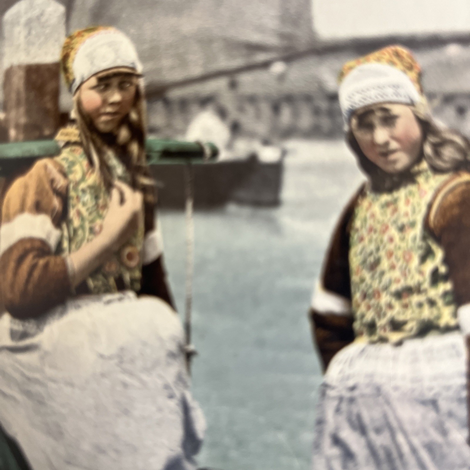 Antique Photochrom Girls Of Marken Island Holland Netherlands Heavy Wood Frame