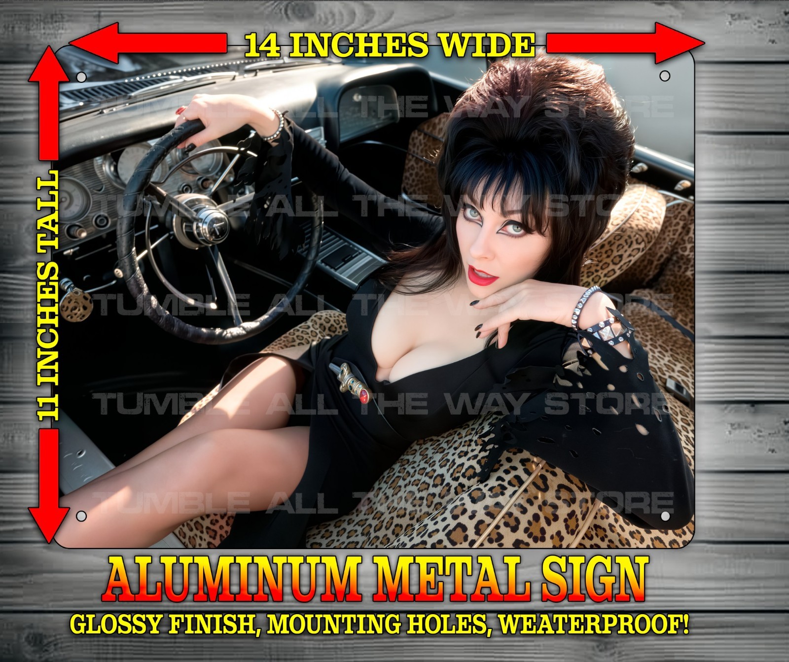 Sexy Elvira Mistress of the Dark in Macabre Mobile Metal Sign Wall Art 14″ x 11″