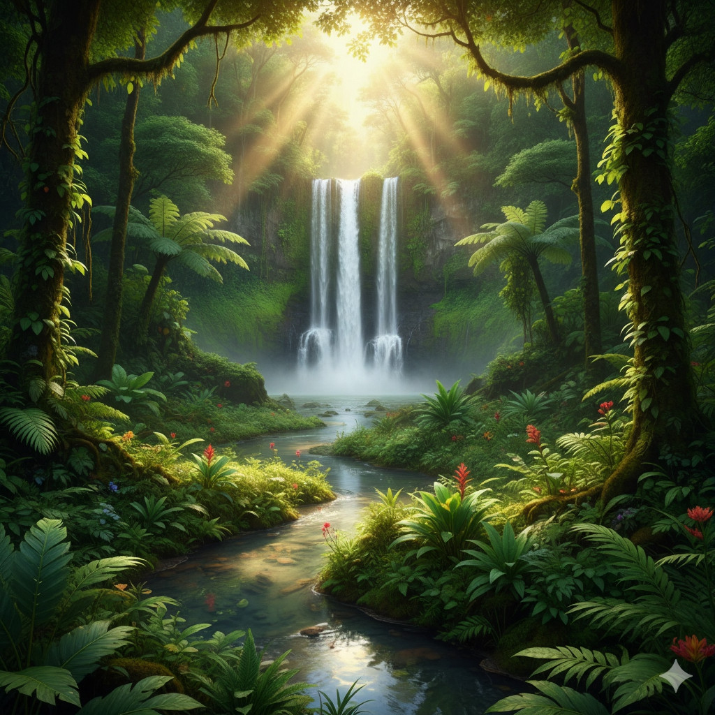 🌿 Green Jungle Waterfall Wall Art – Digital Download | Nature Landscape Canvas