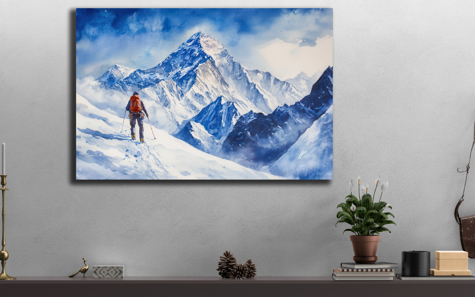 Mount Everest Climber Watercolor Painting, Snowy Summit Adventure Wall Art Print