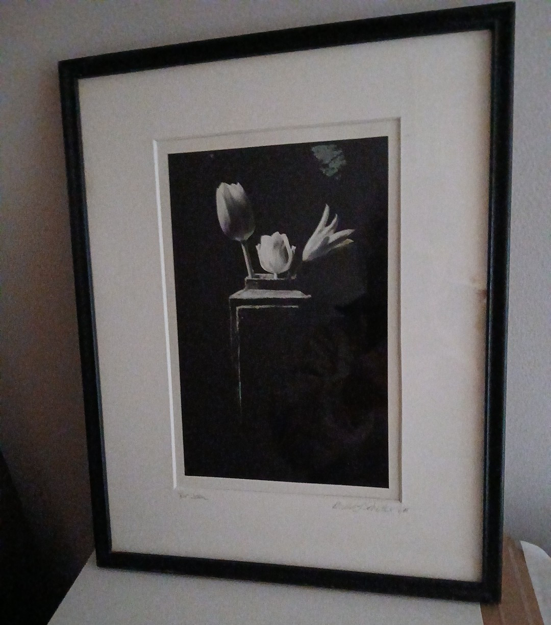 Framed Signed Dated PHOTOGRAPH Black & White Flowers/Vase 1989-14.75″H X 12″L