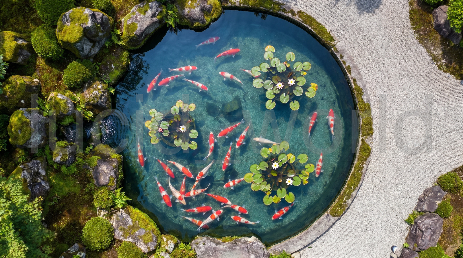 Aerial Koi Pond Digital Image Japanese Zen Garden Water Lilies Fish Wall Art PNG