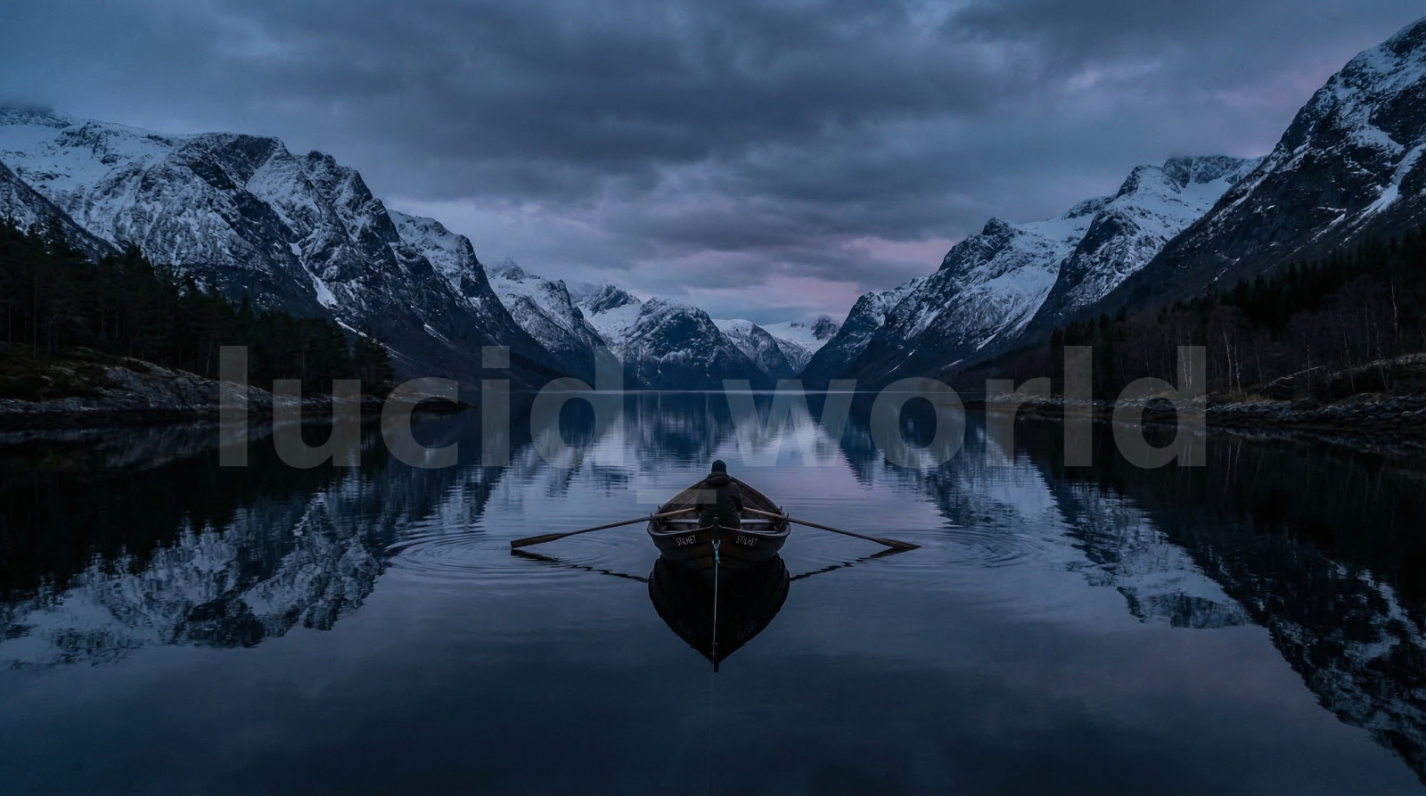 Lone Rowboat Dark Fjord Snowy Mountains Digital Download Printable Wall Art File